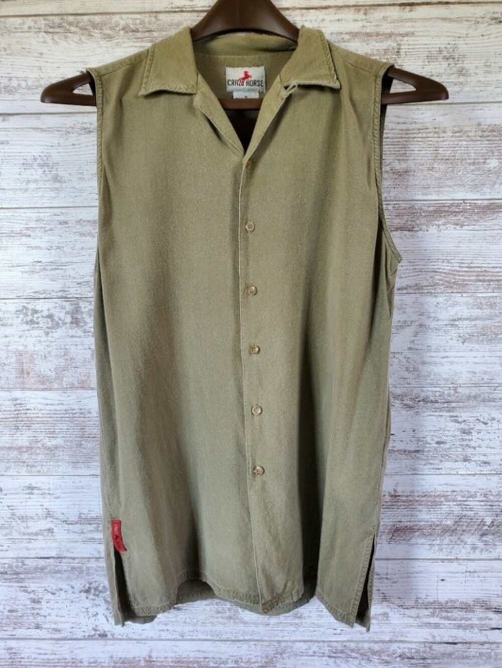 Vintage Crazy Horse Olive Green Sleeveless Button Down Safari Utility Shirt Top